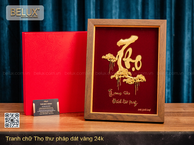 Tranh chữ Thọ thư pháp dát vàng 24k - 32x25cm